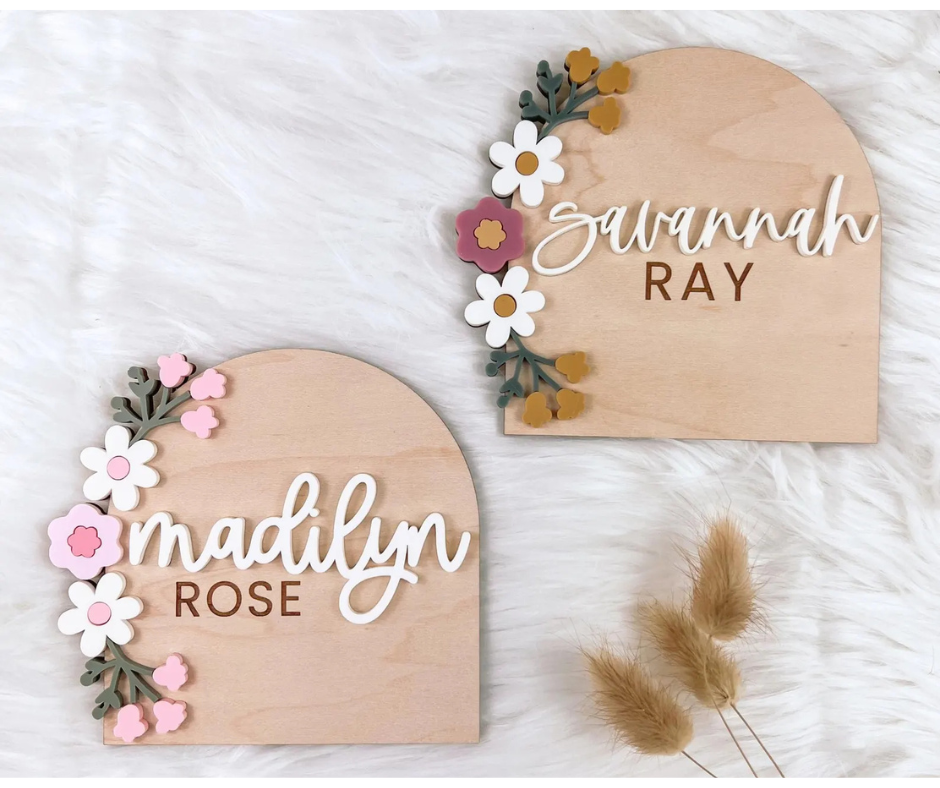 Personalized Wooden Baby Announcement & Milestone Sign | Floral Birth Stat, Name Reveal, Monthly Photo Prop