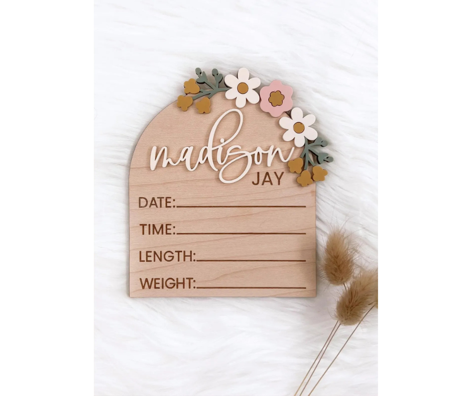 Personalized Wooden Baby Announcement & Milestone Sign | Floral Birth Stat, Name Reveal, Monthly Photo Prop