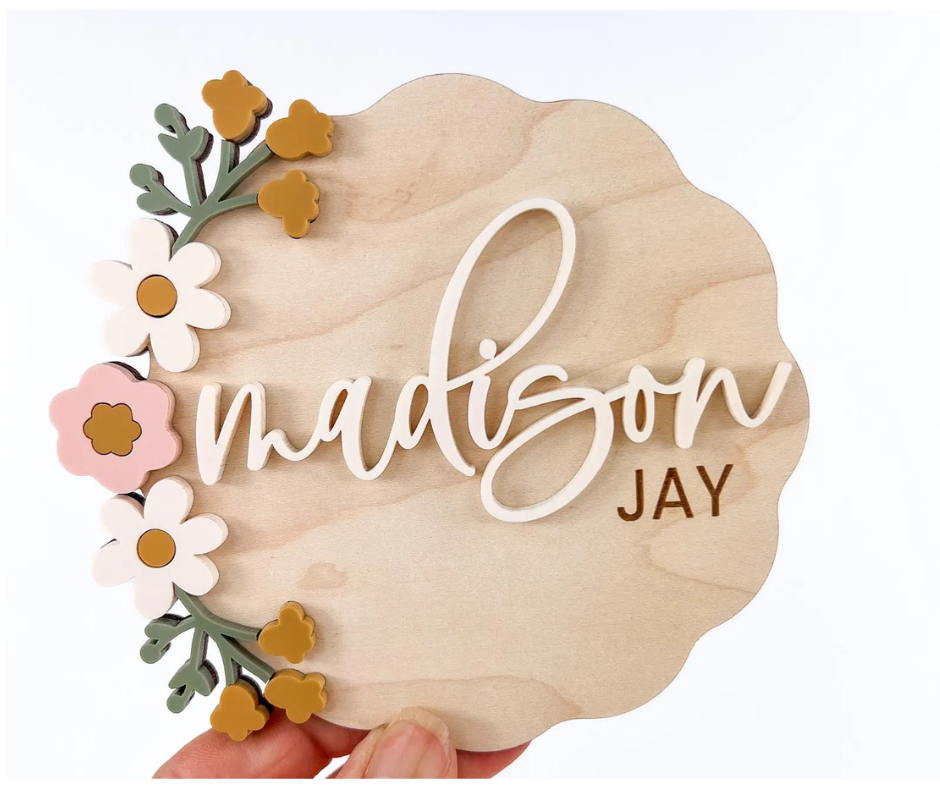 Personalized Wooden Baby Announcement & Milestone Sign | Floral Birth Stat, Name Reveal, Monthly Photo Prop