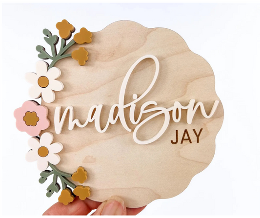 Personalized Wooden Baby Announcement & Milestone Sign | Floral Birth Stat, Name Reveal, Monthly Photo Prop