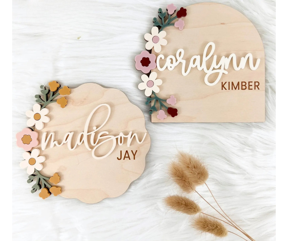 Personalized Wooden Baby Announcement & Milestone Sign | Floral Birth Stat, Name Reveal, Monthly Photo Prop
