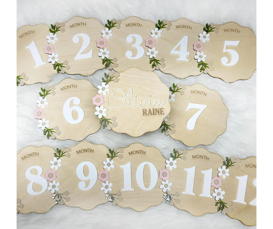Personalized Wooden Baby Announcement & Milestone Sign | Floral Birth Stat, Name Reveal, Monthly Photo Prop