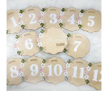 Personalized Wooden Baby Announcement & Milestone Sign | Floral Birth Stat, Name Reveal, Monthly Photo Prop