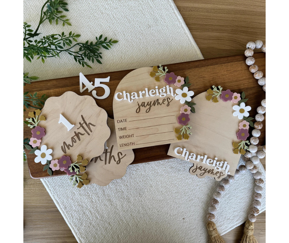 Personalized Wooden Baby Announcement & Milestone Sign | Floral Birth Stat, Name Reveal, Monthly Photo Prop