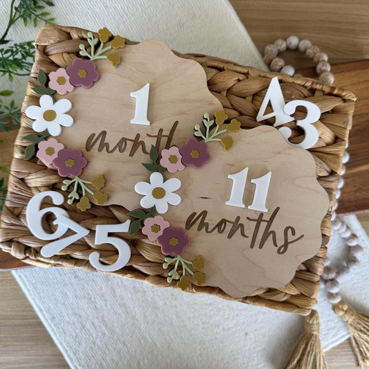 Personalized Wooden Baby Announcement & Milestone Sign | Floral Birth Stat, Name Reveal, Monthly Photo Prop